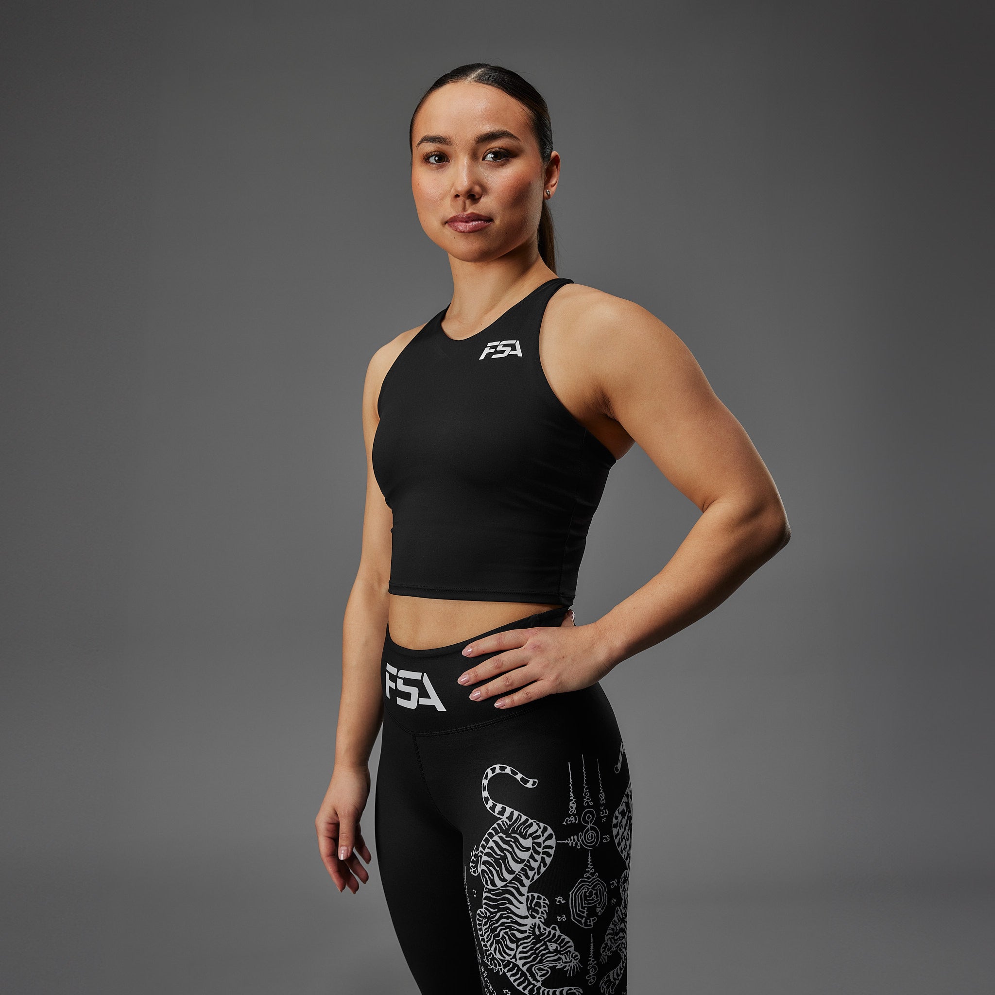 Cropped Sports Bra Sak Yant Twin Tiger Black